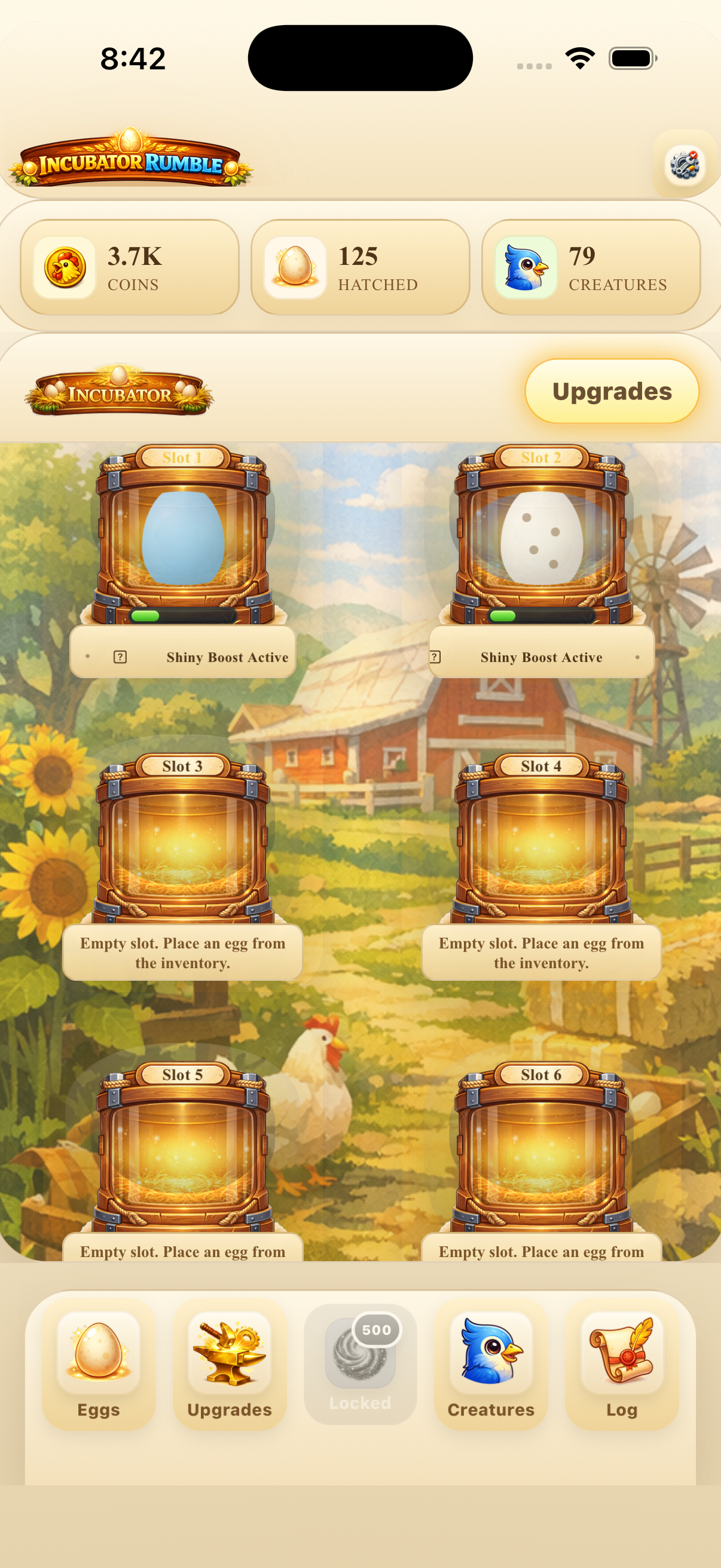 Incubator screen showing egg hatching progress in Incubator Rumble